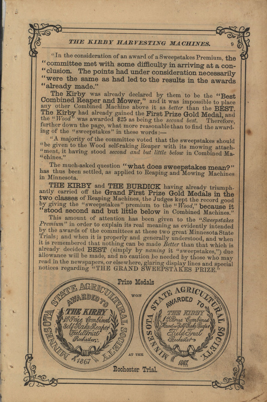 Pages from an illustrated catalog describing the agricultural implements offered by the Kirby Harvesting Machines in 1872.