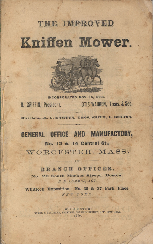 Illustrated catalog describing the Kniffen mower offered by the Dennison and Company in 1870, includes an explanation of features and a price list.