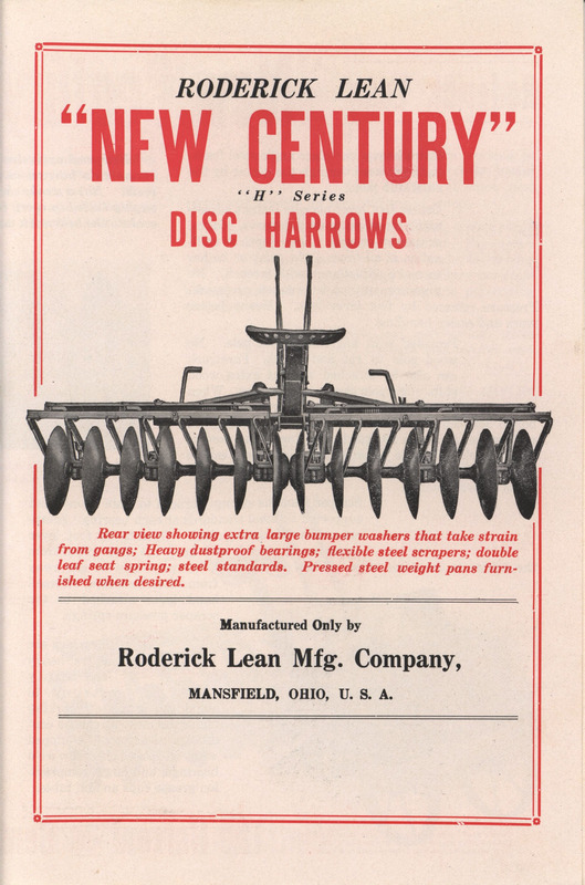 Illustrated advertisement for the New Century H Series Disc Harrows offered by the Roderick Lean Manufacturing Company.
