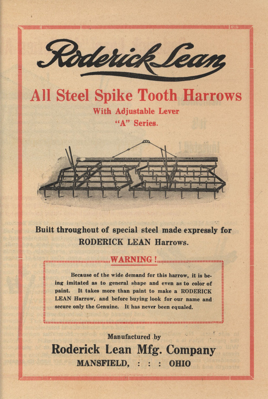 Illustrated advertisement for the All Steel Spike Tooth Harrows A Series offered by the Roderick Lean Manufacturing Company.