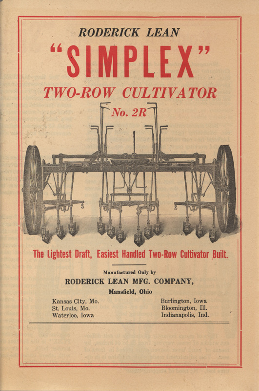 Illustrated advertisement describing the two-row cultivator offered by Roderick Lean Manufacturing Company.