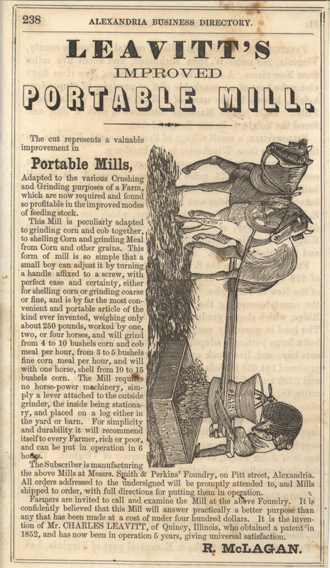 Illustrated advertisement for Leavitt's Improved Portable Mill.