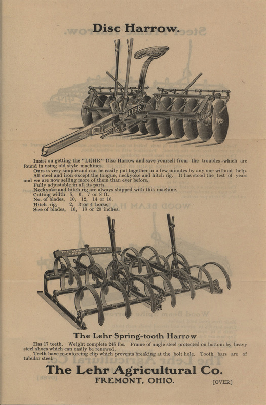 Illustrated advertisement describing the harrows offered by Lehr Agricultural Company.