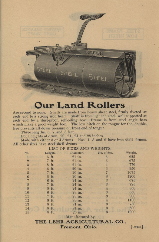 Illustrated advertisement describing the land roller and pulverizer offered by Lehr Agricultural Company.