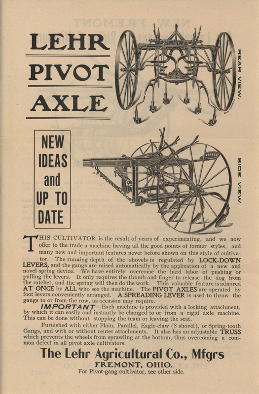 Illustrated advertisement for the pivot axle cultivator offered by the Lehr Agricultural Company in 1905.