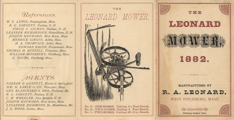 Illustrated advertisement pamphlet for the Leonard Mower offered by R. A. Leonard in 1882.