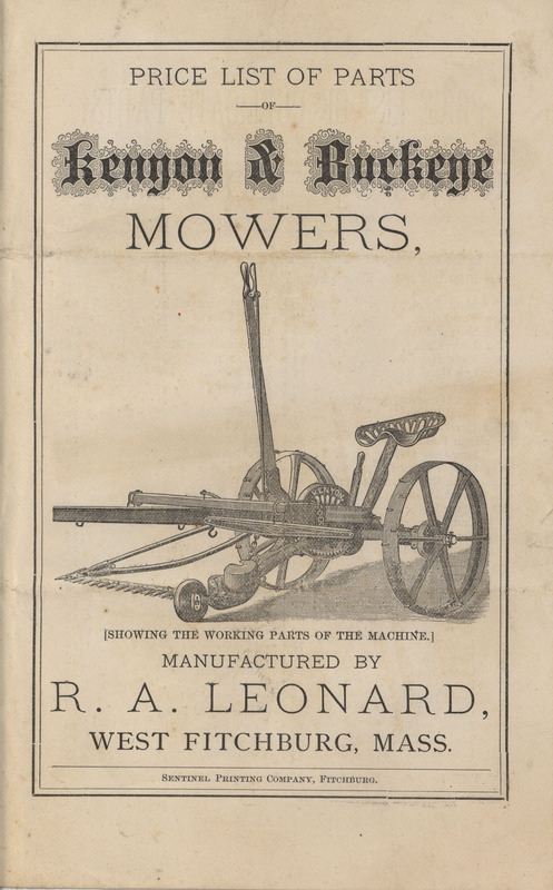 Illustrated price list of parts for the Kenyon and Buckeye Mowers offered by R. A. Leonard.