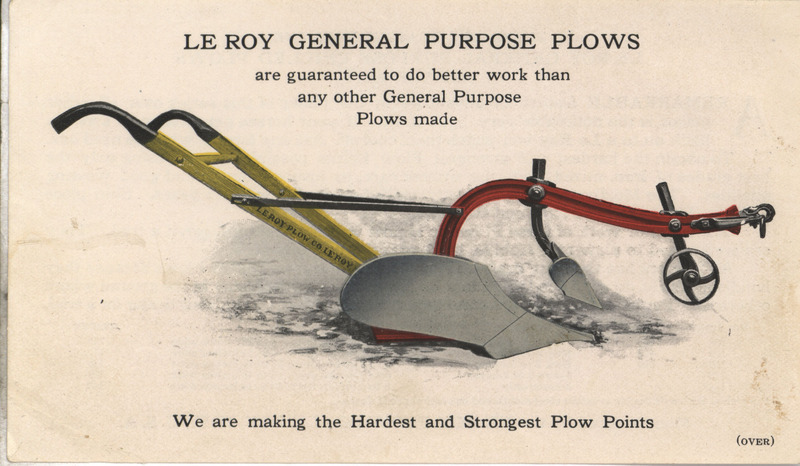 Illustrated advertisement card for the Le Roy Plow Company depicting a Le Roy plow.