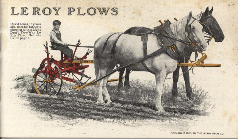 Illustrated catalog describing the plows and related products offered by the Le Roy Plows in 1915.