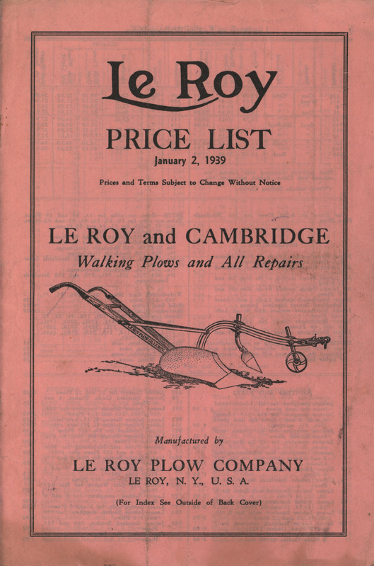 Illustrated price list for the plows and repairs offered by Le Roy Plow Company in 1939.