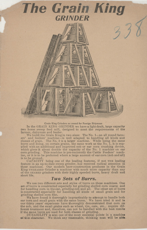 Illustrated catalog describing the grain king grinder and related products offered by Litchfield Manufacturing Company.