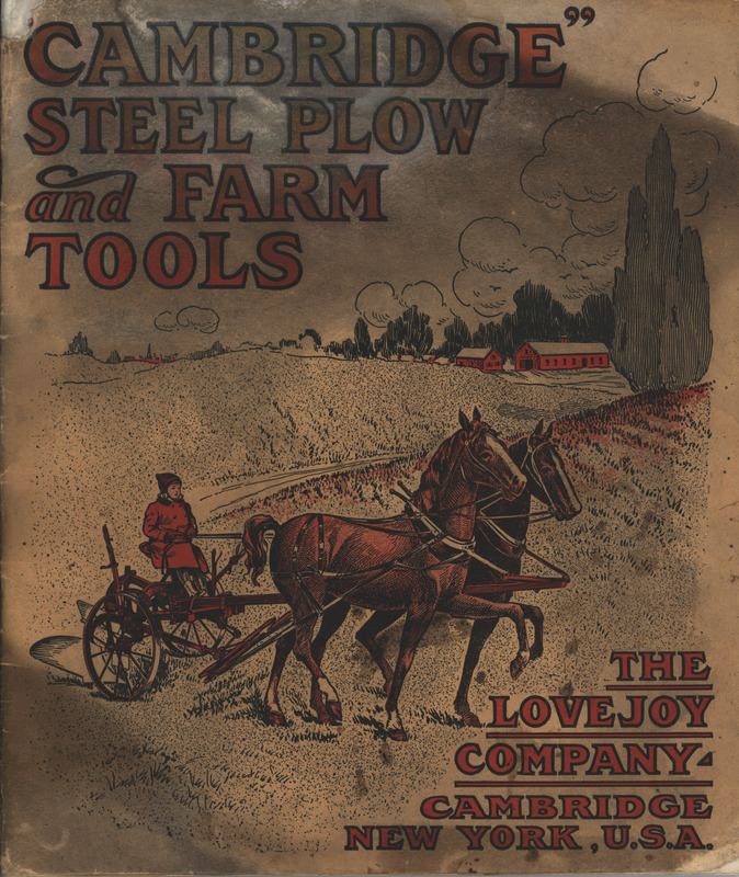 Illustrated catalog describing the plows and farm equipment offered by the Lovejoy Company.