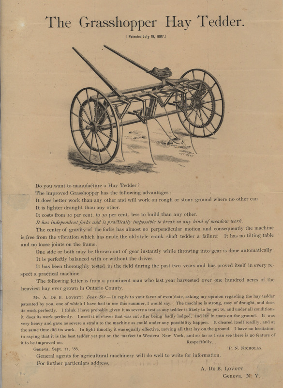 Illustrated advertisement for the Grasshopper Hay Tedder.
