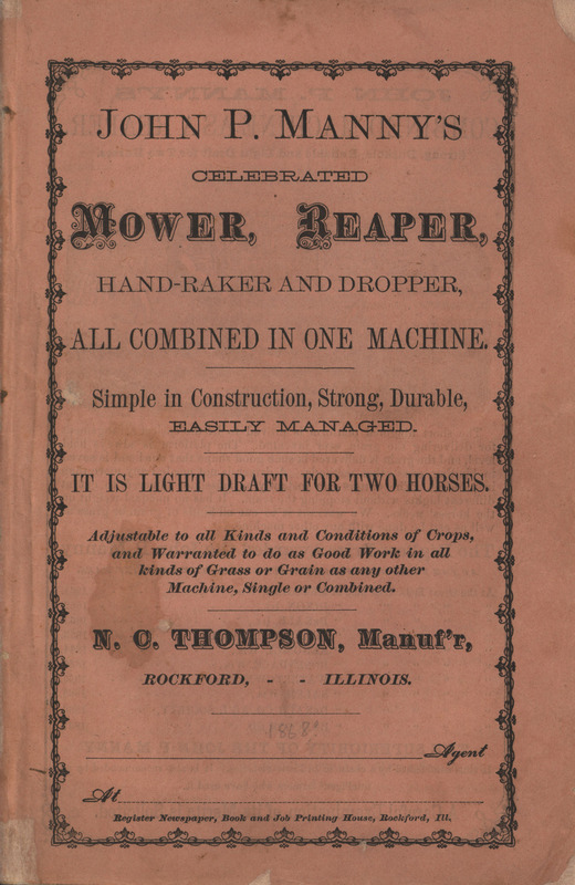 Booklet for the celebrated John P. manny's Mower, Reaper, Hand-Raker and Dropper.