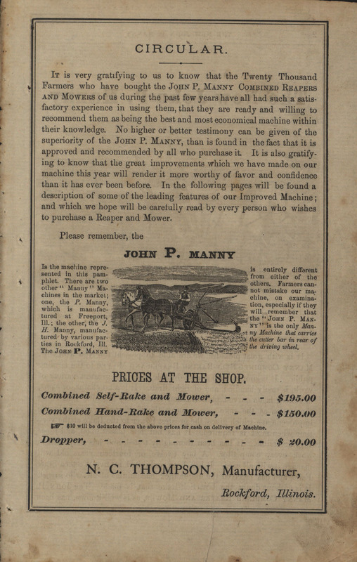 Illustrated circular catalog describing the agricultural implements offered by John P. Manny.