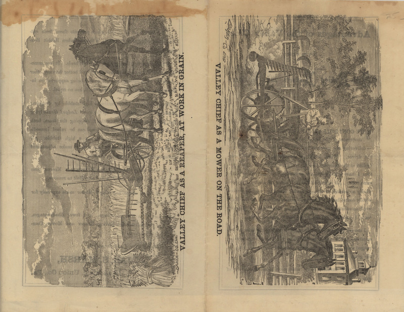 Illustrated advertisement pamphlet describing the Valley Chief Reapers and Mowers offered by Jas. S. Marsh.