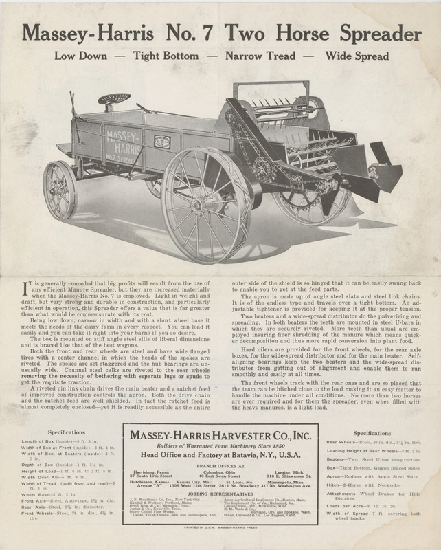 Illustrated advertisement describing the No. 7 two horse spreader offered by Massey-Harris Harvester Company.