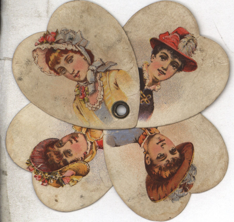 Illustrated advertisement cards in the shape of hearts for Buckeye Agricultural Works.