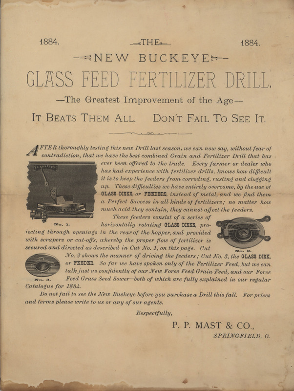 Illustrated advertisement describing the Buckeye glass feed fertilizer drill offered by P. P. Mast and Company in 1884.
