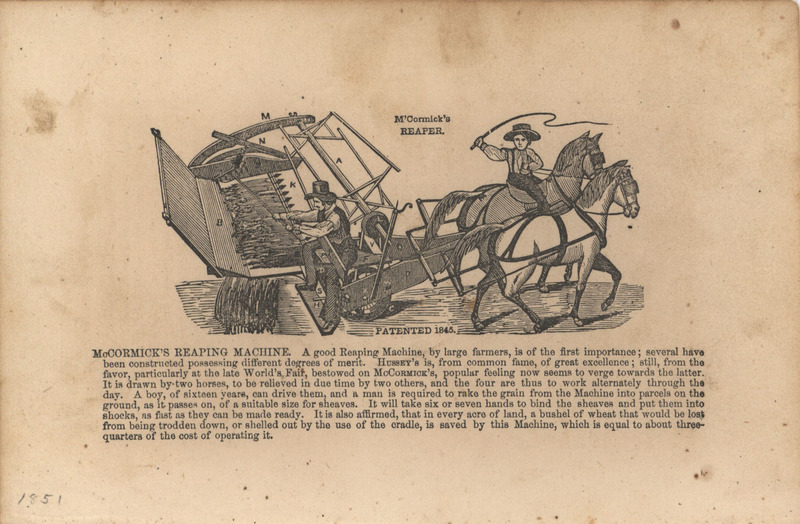 Illustrated advertisement for McCormick's Reaper in 1851.