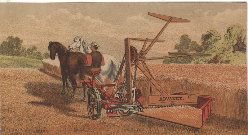 Illustrated advertisement card for Harvesting Machinery Reapers and Mowers.