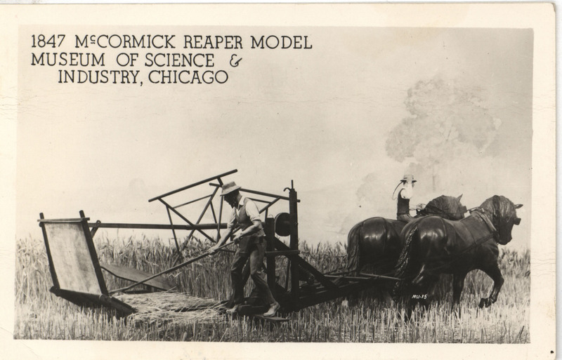Illustrated postcard advertising the 1847 McCormick Reaper model at the Museum of Science and Industry in Chicago.