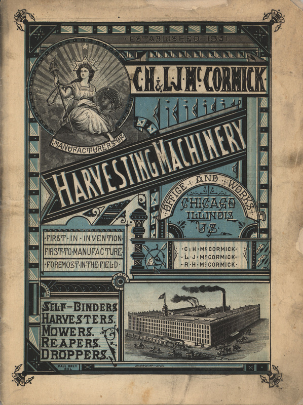 Illustrated catalog describing the agricultural implements offered by C. H. and L. J. McCormick Harvesting Machinery in 1879.