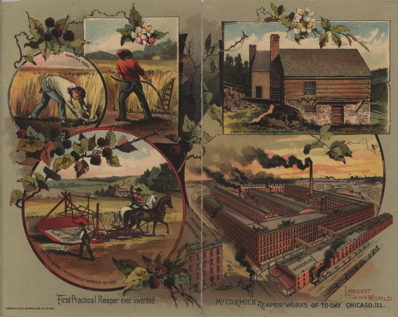 Illustrated advertisement for the McCormick Harvesting Machine Company, depicting their machinery working in the field.