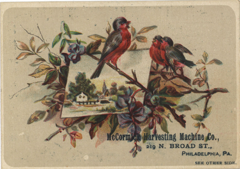 Illustrated advertisement card for the McCormick Harvesting Machine Company.