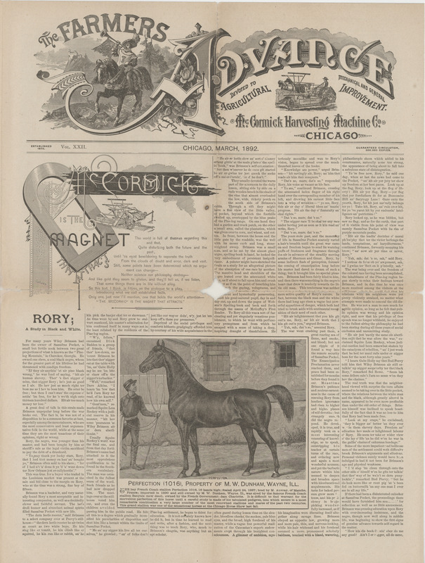 Illustrated newsletter titled the Farmers Advance produced by McCormick Harvesting Machine Company in March 1892.
