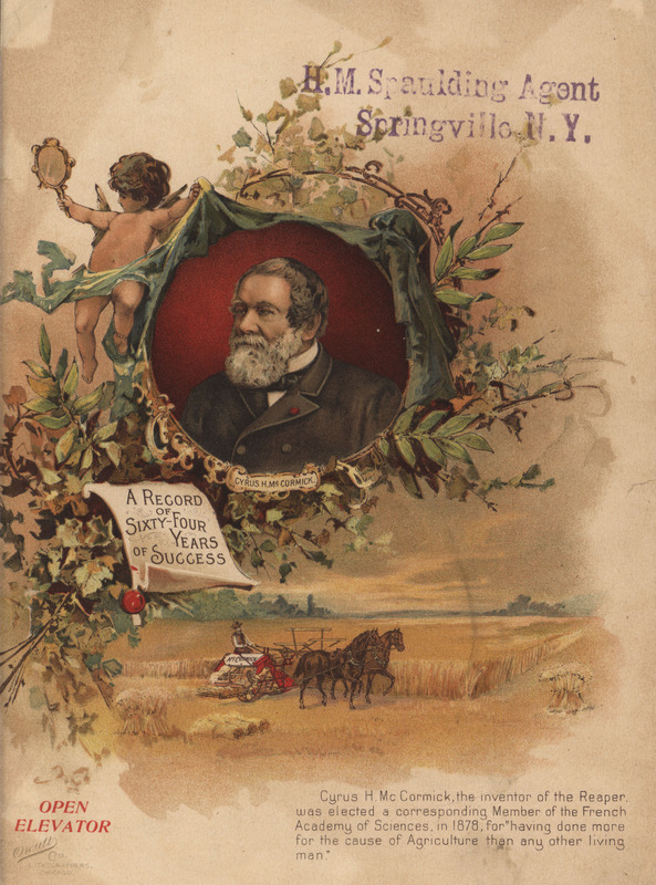 Illustrated advertisement for McCormick Harvesting Machine Company, depicting Cyrus H. McCormick and machinery in the field.