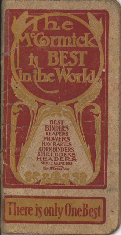 Pocket book with handwriting advertising the McCormick Harvesting Machine Company.