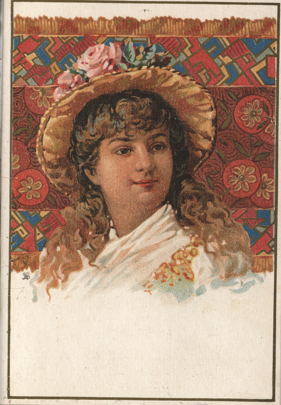 Illustrated advertisement card for D. E. McSherry and Company depicting a woman and a grain drill.