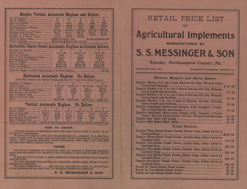Illustrated catalog and price list describing the agricultural implements offered by S. S. Messinger and Son.
