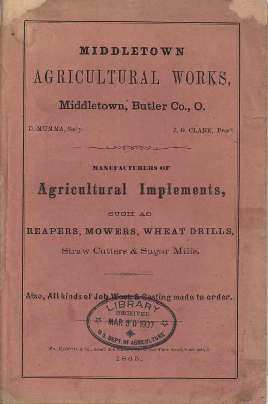 Illustrated catalog describing the agricultural implements offered by Middletown Agricultural Works in 1865.