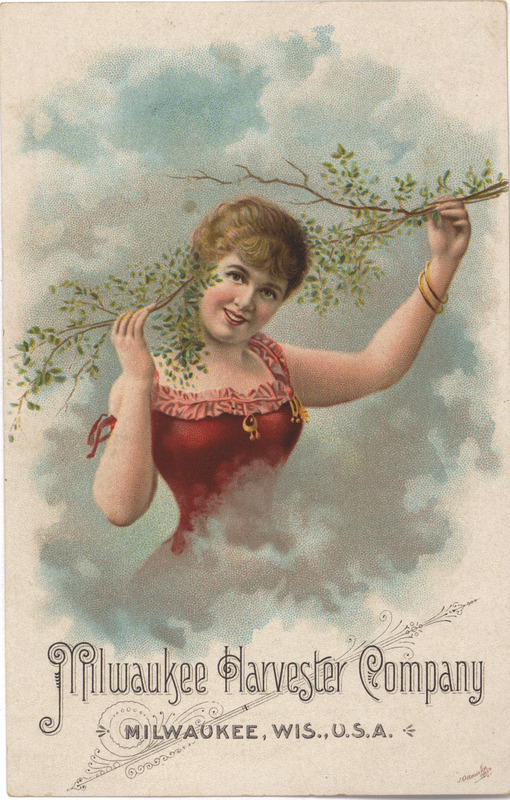 Illustrated advertisement card for the Milwaukee Harvester Company.