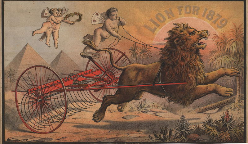 Illustrated advertisement describing the Improved Lion Sulky Rake offered by A. W. Miner and Company in 1879.