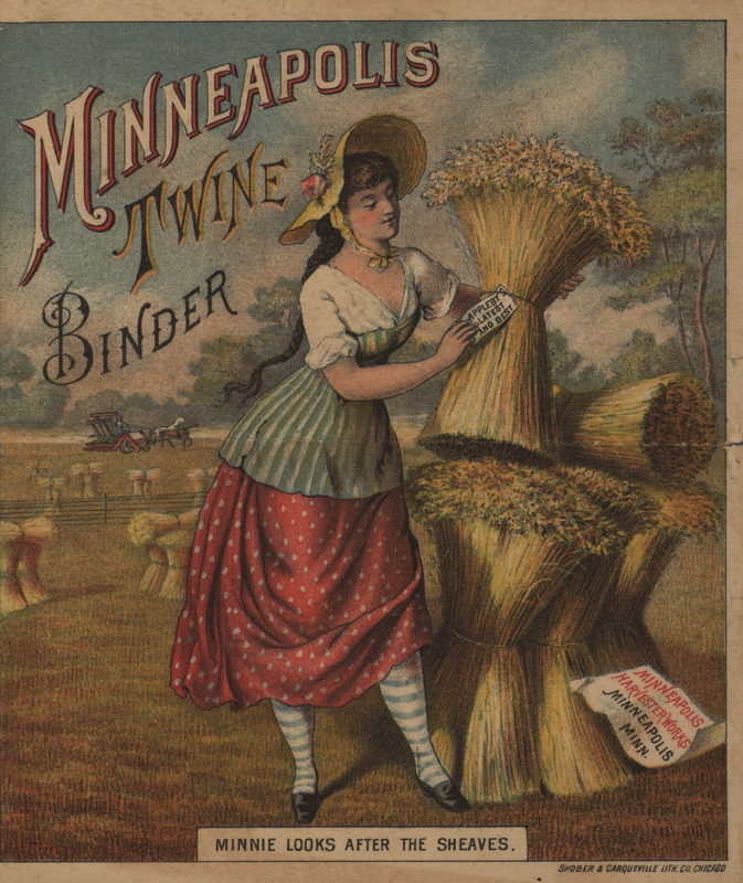 Illustrated advertisement card for the twine binder offered by Minneapolis Harvester Works.