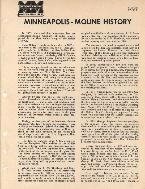 Document describing the history of the Minneapolis Moline Modern Machinery company.