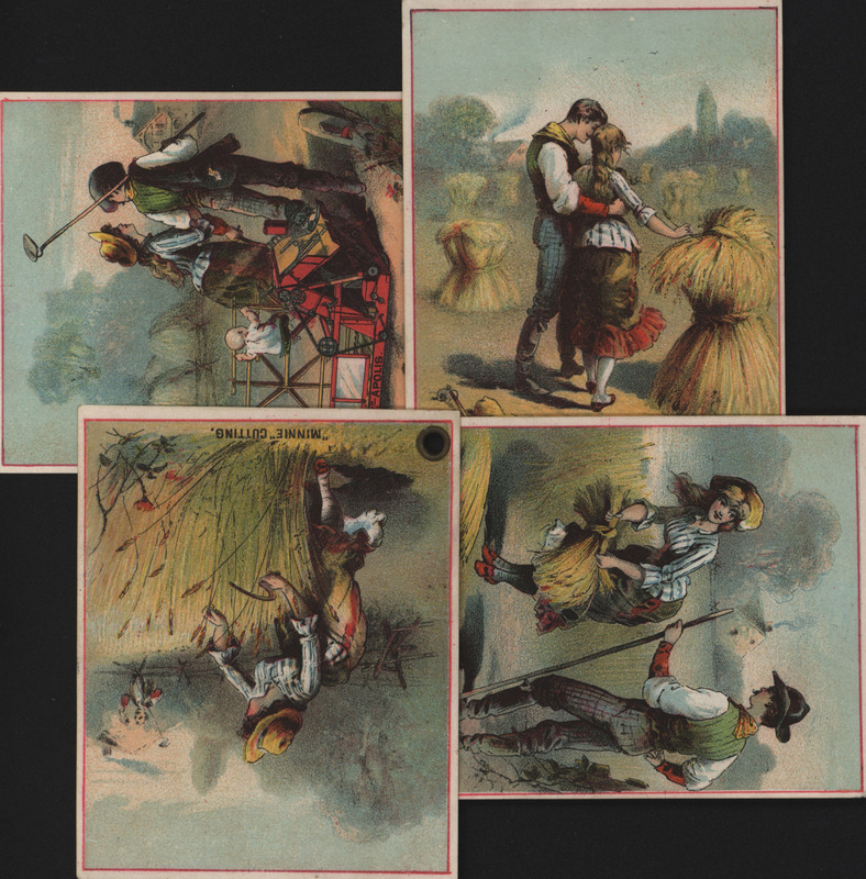 Illustrated advertisement cards for agricultural implements offered by Minneapolis Harvester Works.