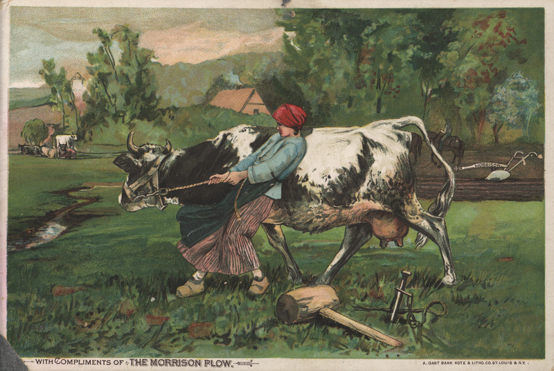 Illustrated advertisement card for the plows and cultivators offered by Morrison Manufacturing Company.