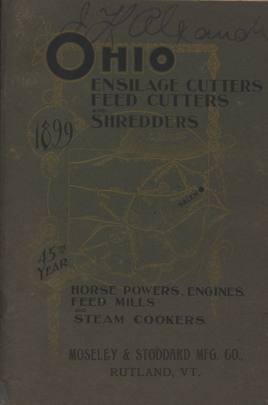 Illustrated catalog describing the Ohio agricultural implements offered by Moseley and Stoddard Manufacturing Company in 1899.