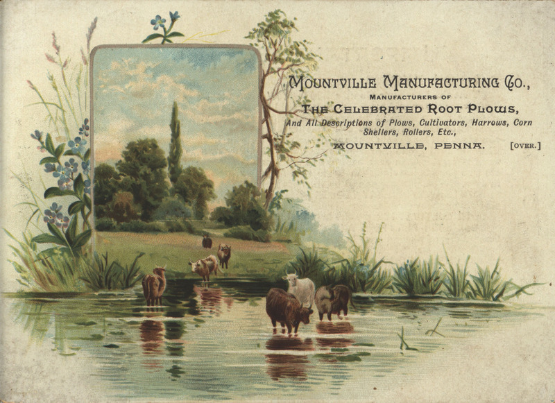 Illustrated advertisement card for the Mountville Manufacturing Company, depicting cattle in a body of water.