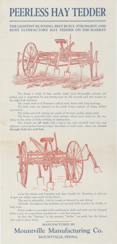 Illustrated advertisement for the peerless hay tedder offered by Mountville Manufacturing Company.