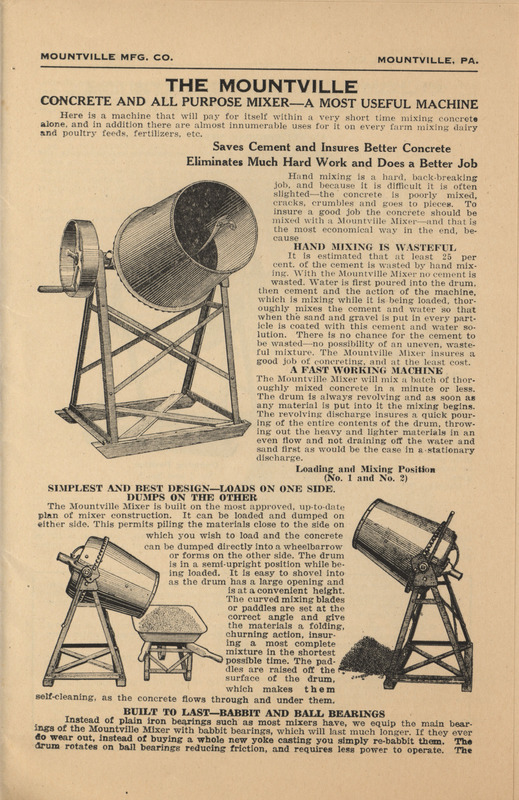 Illustrated advertisement describing concrete mixers offered by the Mountville Manufacturing Company.
