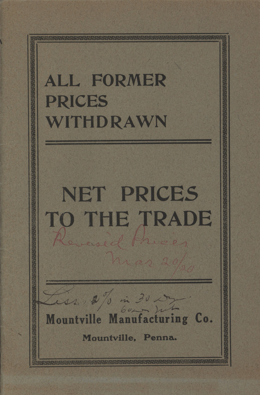 Price list describing the agricultural implements offered by Mountville Manufacturing Company.