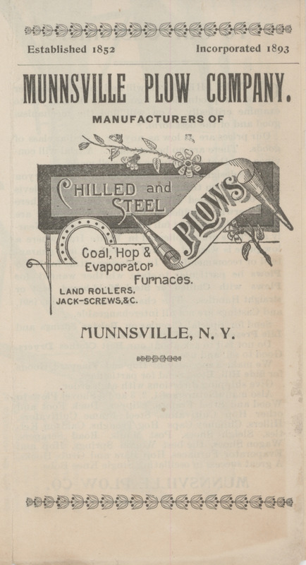 Illustrated catalog describing the agricultural implements offered by Munnsville Plow Company.