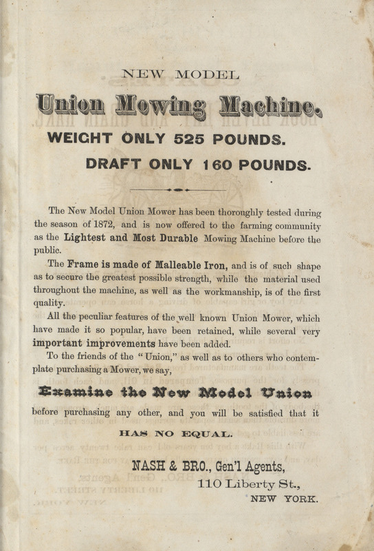 Illustrated catalog describing the agricultural products offered by Nash and Brother Agricultural Implements and Machinery in 1871.