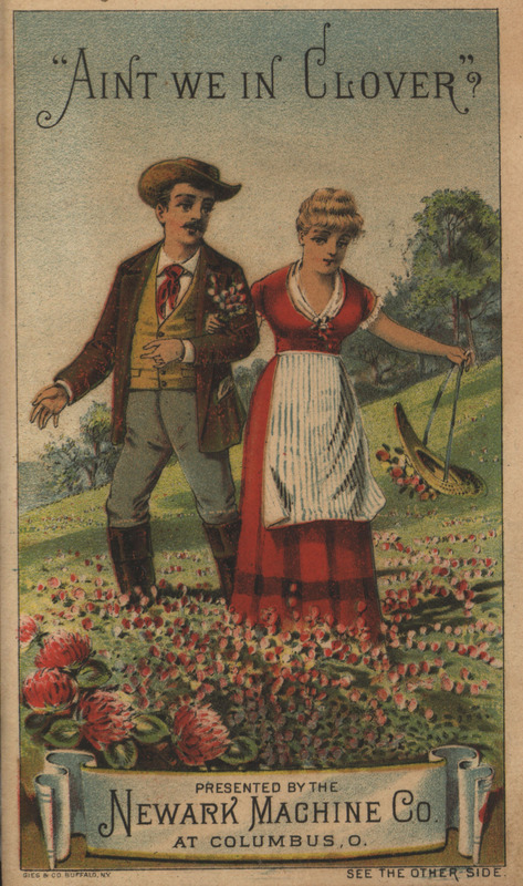 Illustrated advertisement card for the Newark Machine Company depicting a couple in a field of flowers.