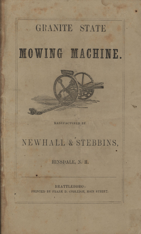 Illustrated catalog describing the granite state mowing machine offered by Newhall and Stebbins.